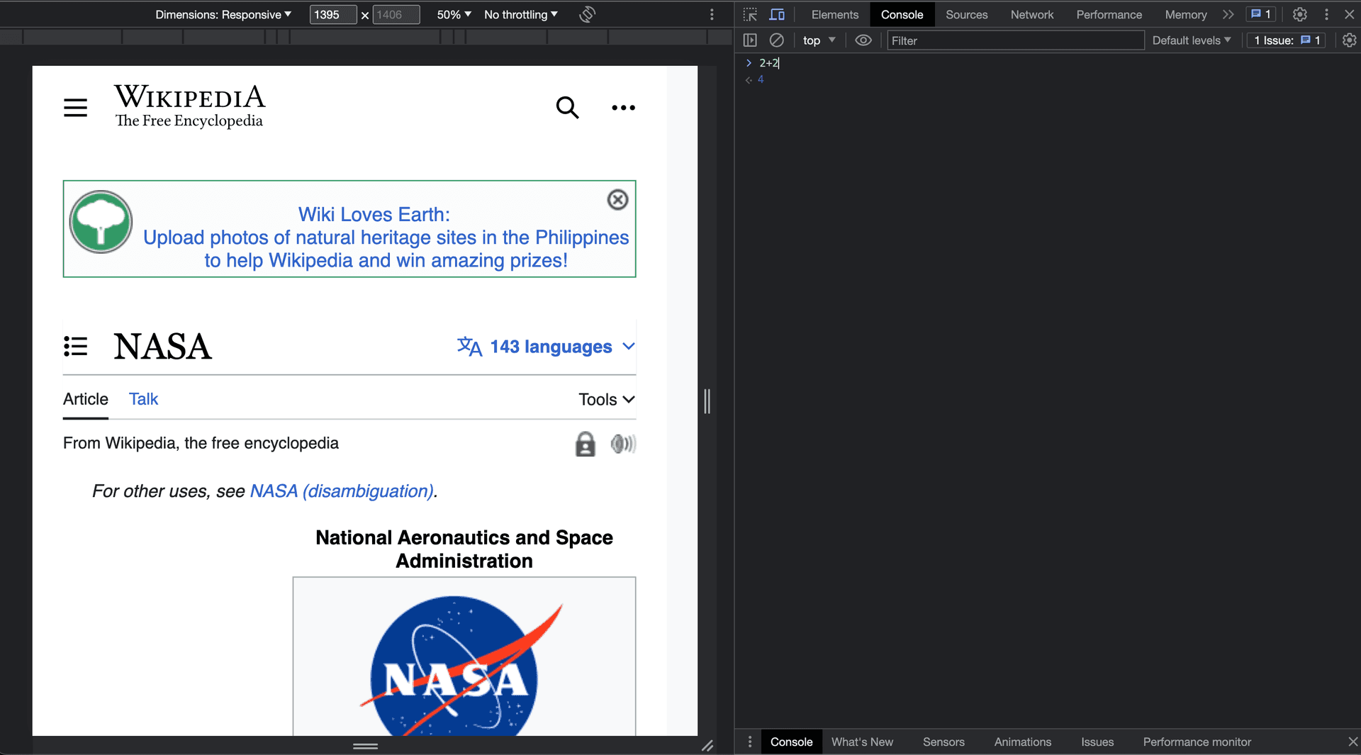 showing console with example in browser dev tools